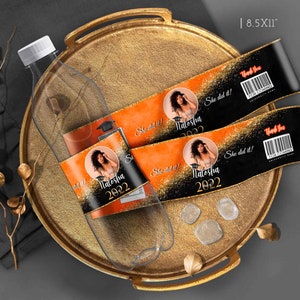 DIY Water bottle Graduation Orange Black with pic Senior 2025 Party favors decorations 2023 Editable Corjl