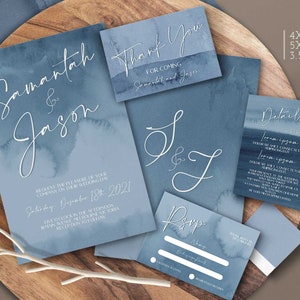 Dusty Blue Wedding invitation with Rsvp card digital invite Minimalist Watercolor Reception invite Editable Template download Corjl TW102