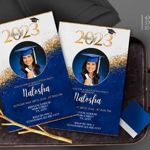 Editable Graduation Blue White invitation 2025 with pic Senior 2025 party favors evite, mobile invitation, invites, Evite printable Corjl