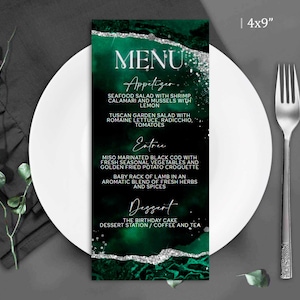 Emerald Green Silver Birthday Menu Card Template: DIY Dinner Birthday Party Favors T100 (Editable Canva Template)