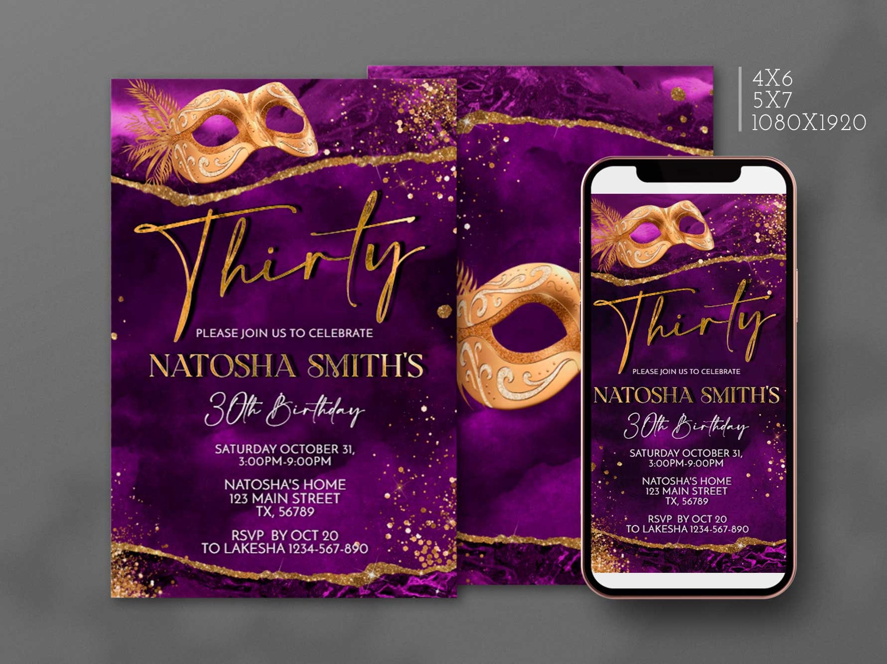 Masquerade Birthday Invitation Purple and Gold Party Invite - Etsy