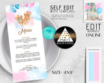 Editable We Can Bearly Wait Gender Reveal Menu card Teddy Bear party he or she Printable Didital Download Pink Blue gender reveal Corjl