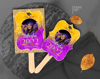 Editable Graduation Yellow Purple Fans Senior 2024 favors centerpieces Party decorations 2023 Corjl