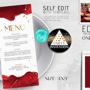 Editable Birthday Menu Card Template Red and Gold Party Celebration Dinner Table Menus Printable Instant Download Corjl 4x9" T108