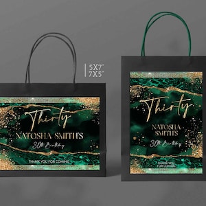 DIY Emerald Green and Gold Party decoration Favors bag labels for Him for Her 30th Birthday Digital Download Editable on Corjl T100 ANY AGE
