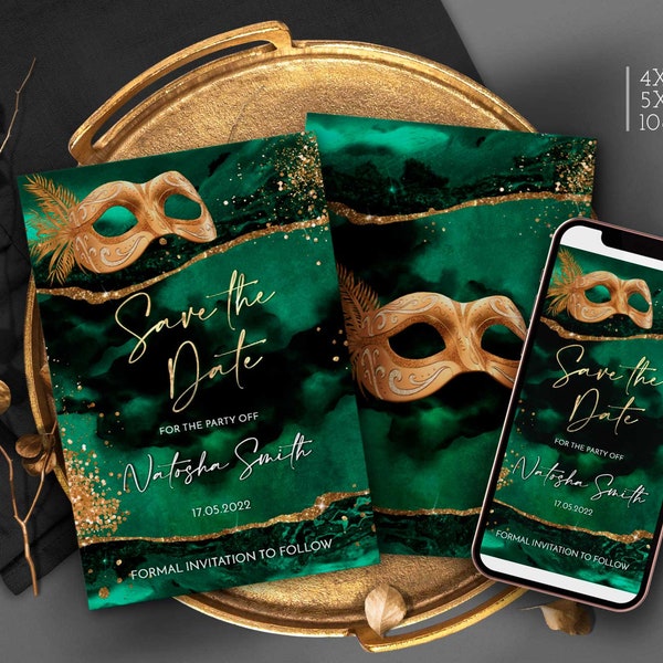 Masquerade Birthday Save the Date card Emerald Green and Gold Party Printable template for Him or Her Digital Download Corjl ANY PARTY