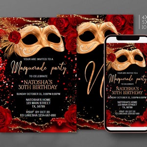 Masquerade Party Invitation Black and Red Rose Birthday Invite ...