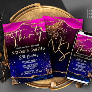Birthday party invitation Fuchsia and Royal blue Party invites 30th birthday Printable Evite Mobile Download Editable on Corjl T120 ANY AGE
