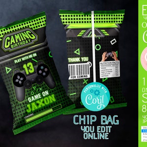 Game on chip bag wrapper Green printable birthday decorations Gamer party decor supplies digital download Editable on Corjl