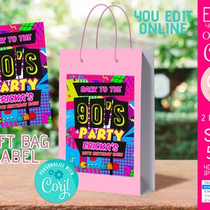 DIY Editable 90s birthday favors Treat Bag lables 5x7" template party supplies Pink and Black boombox decoration printable download Corjl