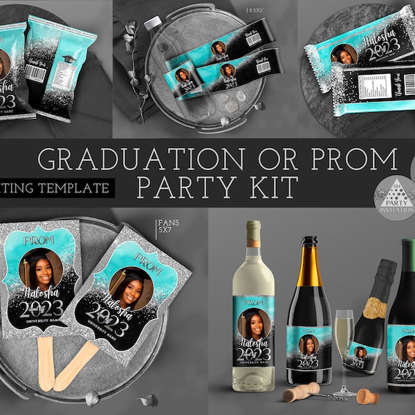 Graduation or Prom Teal Black Silver Party decoration candy bar, chip bag, fans, wine, champagne, water bottle label centerpieces 2024 Corjl