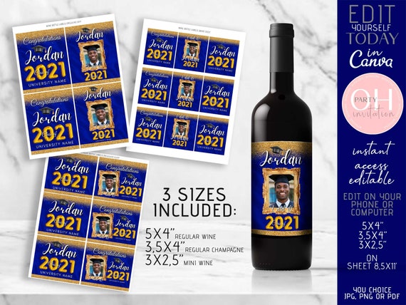 Editable Graduation Wine label and Champagne labels with photo Navy blue gold decorations class of 2021 Senior party supply download CANVA Il_570xn