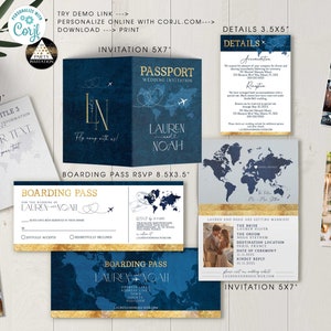 Passport Wedding invitation with Insert pages, Details card, boarding pass, Wedding digital invite Editable Template download Corjl TW102