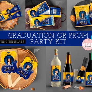 Editable Graduation Party Blue Yellow Gold Decorations: Chip bag, Fans, Candy bar, water bottle, champagne, wine labels  (Canva Templates)