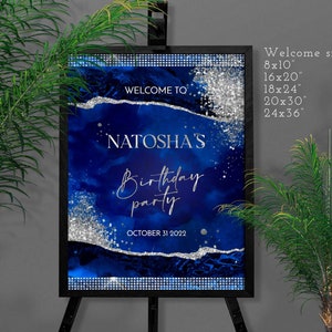 Royal Blue Birthday Welcome Sign: Silver Glitter Decor (Digital Download)