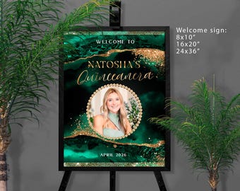 Quinceanera Welcome Sign: Emerald Green Gold Photo Poster Party Decorations T100 (Editable Canva Template)