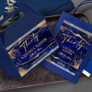 Indigo Blue Gold Party decorations for Him 30th Birthday favor bag for Men Bags labels ANY AGE Round Labels Editable Template CORJL T107