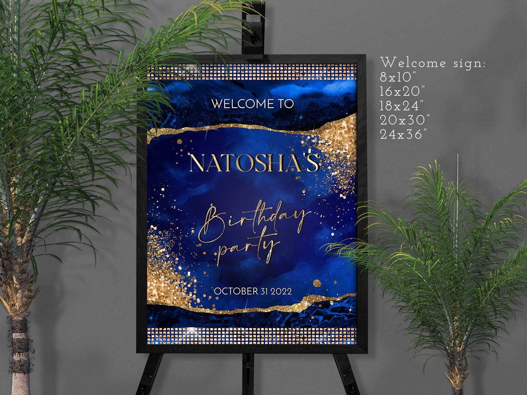 DIY Indigo Blue Gold Birthday Sign, Party Decorations for Him 30th