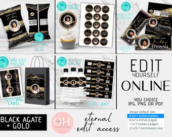 Glam Modern Black and Gold Party decor Candy bar bundle anniversary favor party supply Any AGE birthday decorations printable download Corjl