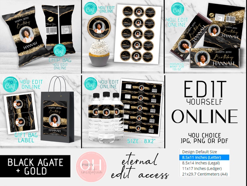 Glam Modern Black and Gold Party decor Candy bar bundle anniversary favor party supply Any AGE birthday decorations printable download Corjl image 1