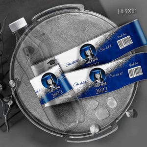 DIY Graduation Blue White Silver glitter Water bottle label template Party decorations with pic Senior 2025 favors Editable on Corjl