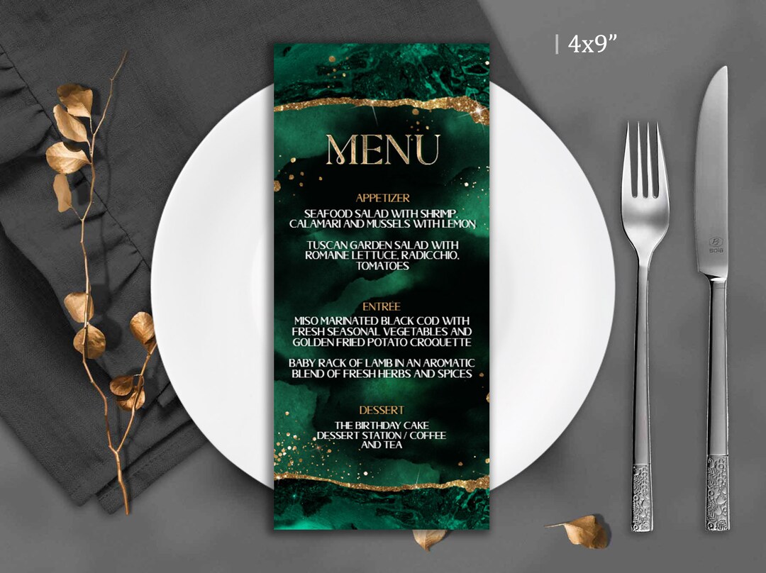 Editable Emerald Green and Gold Menu Birthday Party Celebration Dinner