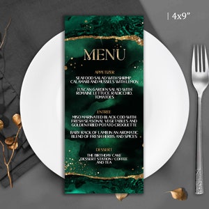 Editable Emerald Green and Gold Menu birthday Party Celebration Dinner birthday Menus template printable Instant Download Corjl 4x9" T100