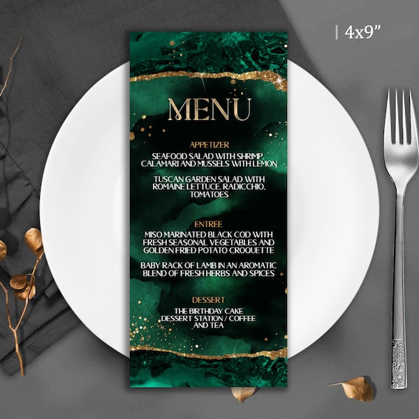 Editable Emerald Green and Gold Menu birthday Party Celebration Dinner birthday Menus template printable Instant Download Corjl 4x9" T100