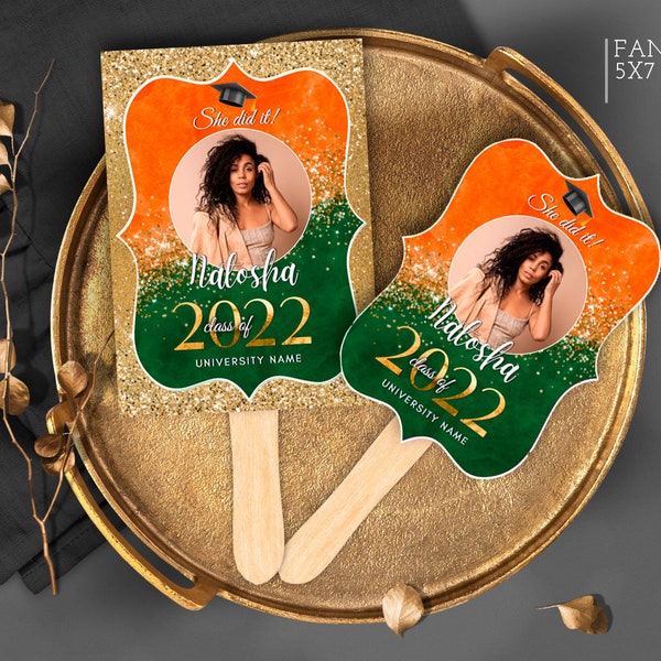 DIY Editable Graduation Orange Green Fans Template Party decorations 2024 Senior 2024 favors Instant download Corjl