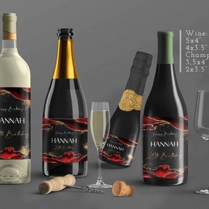 Editable Wine labels custom Red Black Gold 30th birthday decoration party supply Champagne adult download Corjl T108