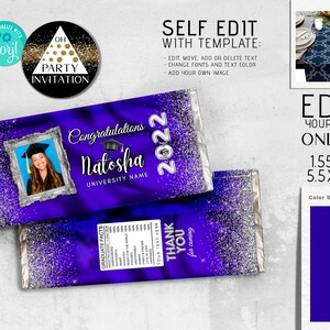 Editable Graduation candy bar with photo royal blue silver Graduation party decorations chocolate wrapper favors 2025 Corjl ANY YEAR