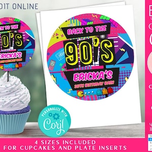 DIY Editable 90s birthday party Round label templates Cupcake topper and Plate Insert Pink and Black 90 party decoration download Corjl