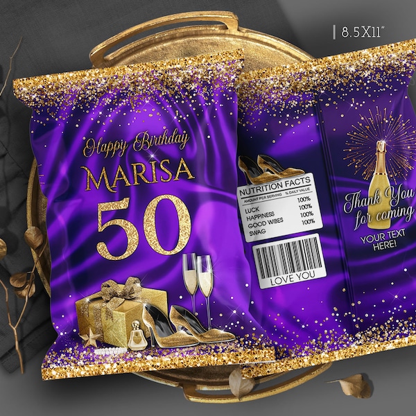 Woman Birthday Chip bag Purple and Gold Party decoration high heel shoes Printable for Her treat bags Download Editable on Corjl ANY AGE