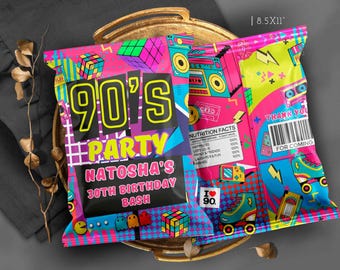 90s Party Chip Bag Template, Pink Purple Yellow Black RNB Boombox Birthday Decor (Editable Canva template)