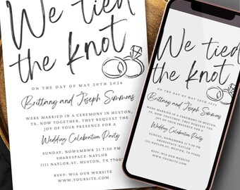 May include: A wedding invitation and a smartphone showing the same design. The invitation and phone screen display the text "We tied the knot" in stylish script, along with event details and a ring graphic.