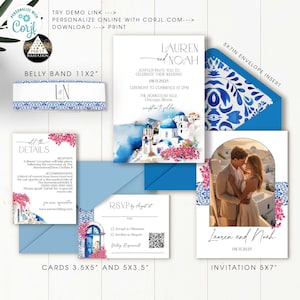 Destination wedding invitation Santorini Greece Save the Date watercolor invitation Envelope, rsvp card, details card Editable Corjl