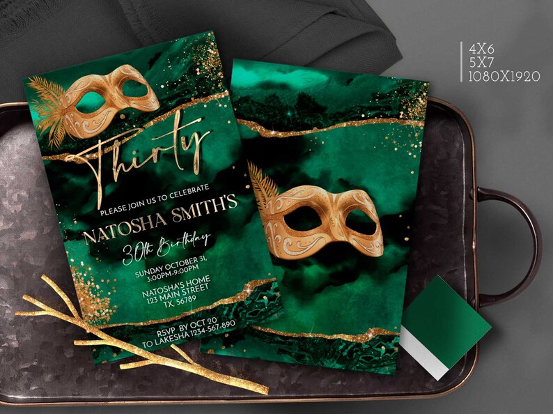 Masquerade Birthday Invitation Emerald Green and Gold Party - Etsy