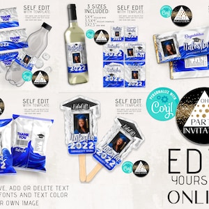 Editable Prom Royal blue White Graduation Party supplies kit grad 2025 with picture candy bar chip bag, fans, wine label, water bottle Corjl