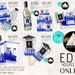Editable Prom Royal blue White Graduation Party supplies kit grad 2022 with picture candy bar chip bag, fans, wine label, water bottle Corjl 