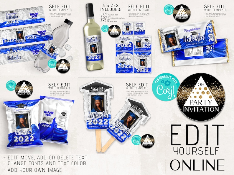 Editable Prom Royal blue White Graduation Party supplies kit grad 2022 with picture candy bar chip bag, fans, wine label, water bottle Corjl 