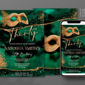 Masquerade Birthday Invitation Emerald Green and Gold Party Invite ...