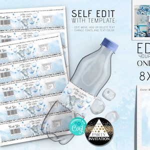 May include: A baby shower water bottle label design with a blue watercolor background, silver glitter accents, and an illustration of an elephant. The label includes the text "Baby Shower" and "Thank You". The image also shows a bottle with a label wrapped around it.