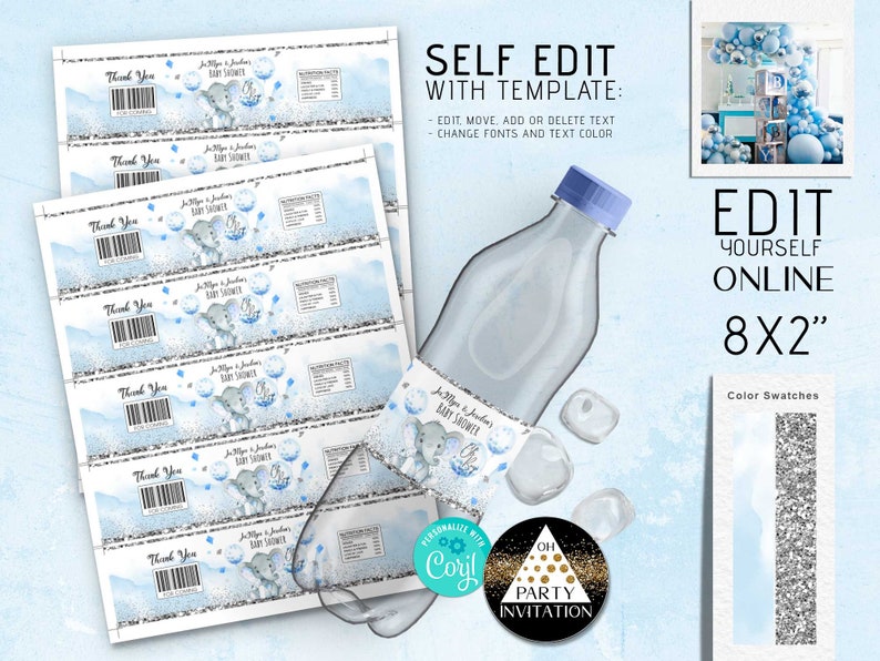 May include: A baby shower water bottle label design with a blue watercolor background, silver glitter accents, and an illustration of an elephant. The label includes the text "Baby Shower" and "Thank You". The image also shows a bottle with a label wrapped around it.