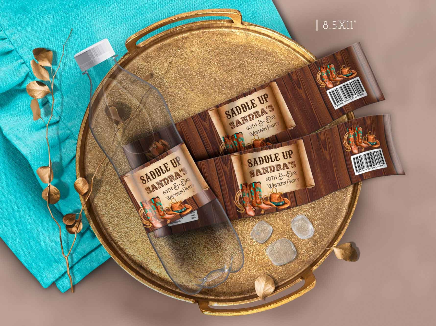Editable Western cowgirl Water bottle labels birthday decorations Rodeo party supply favors Stickers printable download DIY Corjl ANY AGE