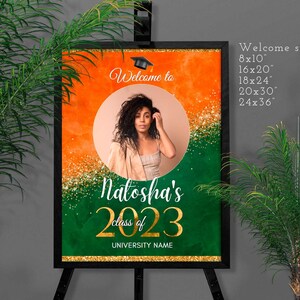 Editable Graduation Orange and Green Welcome Sign Party decorations 2025 Banner printable Senior 2025 favors digital download Corjl
