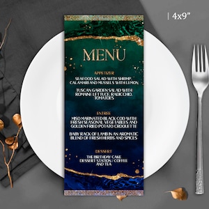 Emerald Green and Royal Blue birthday Menu Card, Dinner Menu template party favors for adult Party decorations Download Editable Corjl T114