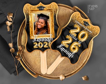 Editable Graduation Black Gold Fans with Photo Template, Centerpiece Graduation Photo Booth Party Decorations (Canva Template)