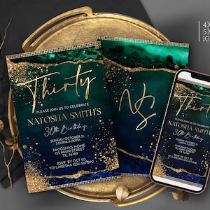 30th Birthday Invitation Emerald Green and Royal Blue Gold Party Invites template for Him or Her Evite Digital Download Corjl T114 ANY AGE
