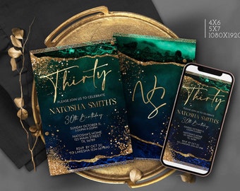 30th Birthday Invitation Emerald Green and Royal Blue Gold Party Invites template for Him or Her Evite Digital Download Corjl T114 ANY AGE