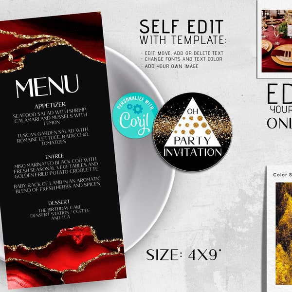 Editable Birthday Menu Card Template Red Black White Party Celebration Dinner Table Menus Printable Instant Download Corjl 4x9" T108